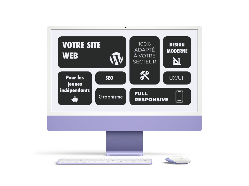 Imac mockup personnalisé représentant votre futur site web. Adapté aux jeunes indépendants et à votre secteur. SEO, graphsme et design moderne compris.